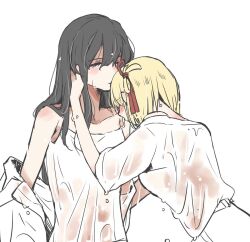  2girls black_hair blonde_hair blush camisole closed_eyes commentary_request hair_ribbon hand_on_another&#039;s_neck head_on_another&#039;s_shoulder inoue_takina long_hair lycoris_recoil medium_hair multiple_girls nishikigi_chisato red_ribbon ribbon sakurada_en shirt short_sleeves simple_background wet wet_clothes wet_shirt white_background white_camisole white_shirt yuri 