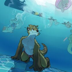  2024 anthro aquajetad biped boxers_(clothing) boxers_only brown_body brown_eyes brown_fur canid canine canis clothed clothing fur group hi_res looking_up male mammal mustelid otter red_boxers red_clothing red_underwear slim_anthro slim_male solo_focus swimming_pool topless underwater underwear underwear_only water white_body white_fur wolf 