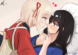  2girls absurdres after_kiss black_hair blonde_hair blue_kimono breasts cleavage closed_mouth commentary_request eye_contact hair_ribbon hand_on_another&#039;s_shoulder heart heart-shaped_pupils highres inoue_takina japanese_clothes kimono long_hair looking_at_another lycoris_recoil medium_breasts multiple_girls nishikigi_chisato off_shoulder open_mouth pillow purple_eyes red_eyes red_kimono red_ribbon ribbon s41ty saliva saliva_trail short_hair smile symbol-shaped_pupils yuri 