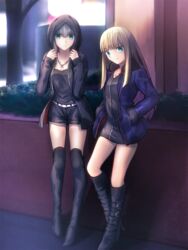  2girls artoria_pendragon_(fate) belt blonde_hair blunt_bangs commentary_request cosplay fate/grand_order fate_(series) full_body gray_(fate) grey_hair hands_in_pockets highres hood hoodie jeanne_d&#039;arc_alter_(fate) jeanne_d&#039;arc_alter_(ver._shinjuku_1999)_(fate) jeanne_d&#039;arc_alter_(ver._shinjuku_1999)_(fate)_(cosplay) kneehighs lord_el-melloi_ii_case_files multiple_girls official_alternate_costume parody reines_el-melloi_archisorte revision saber_alter saber_alter_(cosplay) saber_alter_(ver._shinjuku_1999)_(fate) saber_alter_(ver._shinjuku_1999)_(fate)_(cosplay) shoori_(migiha) smile socks style_parody takeuchi_takashi_(style) tank_top thighhighs thighs 