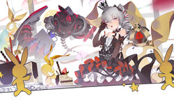  absurdres birthday birthday_cake black_dress black_gloves bronya_zaychik bronya_zaychik_(black_nucleus) cake cake_slice crown dress drill_hair elbow_gloves female food fruit gloves grey_hair hair_between_eyes hair_ornament happy_birthday highres holding homu_(honkai_impact) honkai_(series) honkai_impact_3rd looking_at_viewer open_mouth plate project_bunny red_eyes solo spoon strawberry tatatsu 