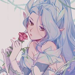  absurdres asymmetrical_bangs bare_shoulders blush breasts crystal_rose_zyra female flower from_side gloves green_eyes highres holding holding_flower league_of_legends long_hair looking_at_viewer pointy_ears ponytail red_flower rose ruan_chen_yue signature simple_background solo thorns upper_body white_background white_gloves zyra 