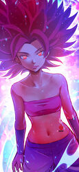  absurdres bandeau breasts caulifla closed_mouth collarbone cowboy_shot crop_top dragon_ball dragon_ball_super female hair_intakes highres kanchiyo long_hair looking_at_viewer midriff navel pants purple_pants red_eyes red_hair shiny_skin small_breasts solo spiked_hair standing stomach super_saiyan super_saiyan_god 