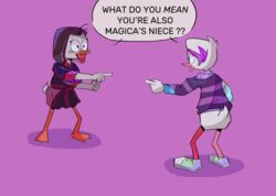  anatid anseriform anthro avian bird bottomless bottomwear clothed clothing disney duck ducktales ducktales_(2017) female footwear gesture hand_gesture lazy-luc lena_(ducktales) meme minima-de-spell pointing shirt shoes skirt topwear 