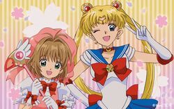  2girls ;d back_bow beret bishoujo_senshi_sailor_moon bishoujo_senshi_sailor_moon_(first_season) blonde_hair blue_eyes blue_sailor_collar blue_skirt bow bowtie brown_hair cardcaptor_sakura cherry_blossoms choker commentary_request crescent crescent_earrings crossover double_bun dress earrings elbow_gloves fuuin_no_tsue gloves green_eyes hair_bun hair_ornament hand_on_own_hip hat holding jewelry kinomoto_sakura leotard long_hair looking_at_viewer magical_girl miniskirt multiple_girls one_eye_closed open_mouth pink_dress pink_headwear pleated_skirt puffy_short_sleeves puffy_sleeves red_bow red_bowtie red_choker sailor_collar sailor_moon sailor_moon_pose sailor_senshi_uniform shirt short_hair short_sleeves skirt smile standing striped striped_background tam_(tam0804) texture tiara transformation_brooch_(sailor_moon) tsukino_usagi twintails twitter_username v vertical_stripes white_gloves white_leotard white_shirt 