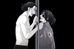  1boy 1other clothes_grab coat commentary english_commentary eren_yeager eyepatch frown goggles hange_zoe hanpetos height_difference jacket_grab open_mouth paradis_military_uniform prison_cell shingeki_no_kyojin short_ponytail survey_corps_(emblem) sweat topless_male 