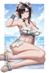  beach bikini bikini_skirt black_hair breasts burnt_green_tea female final_fantasy final_fantasy_vii final_fantasy_vii_rebirth final_fantasy_vii_remake flower frilled_bikini frilled_bikini_top frills hair_flower hair_ornament highres large_breasts microskirt official_alternate_costume official_alternate_hairstyle red_eyes sandals skirt solo swimsuit thighs thong_bikini tifa_lockhart tifa_lockhart_(shining_spirit) toned_female water wet white_bikini wristband 