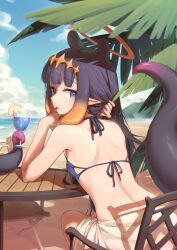  absurdres aeon_ion back beach bikini blue_bikini blue_eyes blue_sky blunt_bangs breasts cloud commentary_request cup day diamond_hairband elbows_on_table female gradient_hair hair_tie_in_mouth halo halterneck highres holding holding_cup hololive hololive_english long_hair looking_at_viewer looking_back median_furrow mouth_hold multicolored_hair nail_polish ninomae_ina&#039;nis on_chair orange_hair outdoors palm_leaf pointy_ears purple_hair purple_nails sarong sitting sky small_breasts solo swimsuit tentacle tentacle_hair virtual_youtuber water white_sarong 