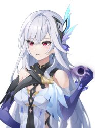  absurdres bare_shoulders breasts commentary earrings female genshin_impact grey_hair hair_ornament hand_up highres jewelry langsae long_hair medium_breasts purple_eyes simple_background skirk_(genshin_impact) solo upper_body very_long_hair white_background 