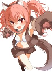  :d animal_ear_fluff animal_ears animal_hands bare_arms bare_shoulders blush boots bra breasts brown_footwear brown_skirt brown_vest claws commentary_request crossed_bangs fake_animal_ears fake_tail female floating_hair foreshortening full_body gloves hair_between_eyes halloween_costume highres inaba_meguru incoming_attack long_hair miniskirt navel oerba_yun_fang official_alternate_costume official_alternate_hairstyle open_clothes open_mouth open_vest orange_hair paw_gloves pnsk4125 red_eyes sanoba_witch sidelocks simple_background skin_fang skirt small_breasts smile solo tail tsurime twintails underwear vest white_background white_bra wolf_ears wolf_tail 