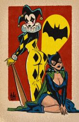  2girls alternate_color animal_ears artist_name ass baseball_bat bat_signal batman_(series) bell black_lips blue_dress bodysuit breasts cape cat_ears catwoman catwoman_costume_(1946) cleavage closed_eyes covered_nipples dated dc_comics dress fake_animal_ears green_cape harley_quinn harley_quinn_(classic) hat highres jester_cap jingle_bell large_breasts multiple_girls neck_ruff selina_kyle side_slit sitting skin_tight standing thedarkcartoon 