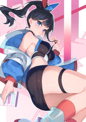  bare_shoulders bison_cangshu black_choker black_hair black_shirt black_skirt blue_eyes blue_jacket blush breasts choker closed_mouth crop_top down_jacket female gridman_universe gridman_universe_(film) hair_ribbon highres holding holding_own_hair jacket kneehighs long_hair looking_at_viewer medium_breasts midriff miniskirt navel off_shoulder official_alternate_costume open_clothes open_jacket panties pencil_skirt ponytail red_socks ribbon see-through shirt sidelocks skindentation skirt sleeveless sleeveless_shirt socks solo takarada_rikka thick_thighs thigh_strap thighs underwear white_footwear 