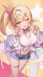  blonde_hair breasts commentary crop_top female hair_ornament hair_ribbon hairclip highres hoshikawa_sara hoshikawa_sara_(1st_costume) kainown large_breasts long_hair looking_at_viewer navel nijisanji one_eye_closed open_mouth ponytail ribbon short_shorts shorts side_ponytail thigh_strap virtual_youtuber yellow_eyes 