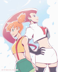  2girls arms_behind_back black_gloves black_shirt blue_eyes boots closed_mouth cloud cropped_shirt day earrings elbow_gloves eyelashes gloves green_eyes green_shorts highres jacket jessie_(pokemon) jewelry kasumi_(pokemon) kelvin-trainerk logo long_hair midriff multiple_girls navel orange_hair outdoors pokemon pokemon_(anime) pokemon_(classic_anime) rachael_lillis shirt shorts side_ponytail skirt sky smile suspenders team_rocket team_rocket_uniform thigh_boots twitter_username voice_actor_connection watermark white_jacket white_skirt yellow_shirt 