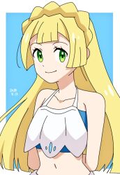  arms_behind_back blonde_hair blue_background blunt_bangs border closed_mouth collarbone commentary_request dated eyelashes female green_eyes happy lillie_(pokemon) long_hair looking_at_viewer mizu_majuu_(waterman10) navel pokemon pokemon_sm smile solo swimsuit upper_body white_border 