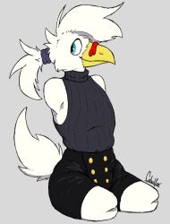  amputee anthro armless avian beak bird blue_eyes cfoxblu chicken clothed clothing danny_(cfoxblu) disability femboy galliform gallus_(genus) hair legless limbless male phasianid ponytail quadruple_amputee shaded simple_background simple_shading solo sweater tail topwear turtleneck 