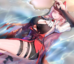  absurdres animal_ear_fluff animal_ears arknights ascot black_bra black_gloves bra braid breasts cleavage cowboy_shot female gloves hair_ornament highres large_breasts long_hair looking_at_viewer lycoris-fullbloom lying on_back pink_eyes pink_hair pozyomka_(arknights) red_skirt skirt solo thigh_strap underwear water white_ascot wolf_ears wolf_girl 