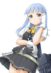  belt black_skirt black_vest blue_eyes blue_hair blunt_bangs collared_shirt cowboy_shot dress_shirt female gloves hatsukaze_(kancolle) highres hime_cut kantai_collection long_hair looking_at_viewer neck_ribbon pleated_skirt ribbon school_uniform shirt short_sleeves simple_background skirt solo tetsuryuu vest white_background white_gloves white_shirt yellow_ribbon 