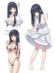  :d ? ^^^ absurdres arm_behind_back bare_arms barefoot bikini black_bikini black_eyes black_hair blunt_bangs blush bow breasts capelet cevi79604876054 chestnut_mouth cleavage clueless collarbone commentary cowboy_shot cross_print dress dress_bow embarrassed eyelashes female frilled_dress frills front-tie_bikini_top front-tie_top full_body halterneck hand_up happy head_tilt highleg highleg_bikini highres large_breasts long_hair looking_at_viewer micro_bikini multiple_views navel necktie open_mouth red_necktie school_uniform side-tie_bikini_bottom simple_background skirt_hold sleeveless sleeveless_dress smile standing straight_hair subarashiki_hibi sundress sweatdrop swimsuit takashima_zakuro translated upper_body upturned_eyes very_long_hair wavy_mouth white_background white_bow white_capelet white_dress 