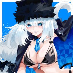  absurdres animal_ears bikini black_bikini black_hat black_jacket blue_eyes blush breasts cat_ears cat_girl cat_tail cleavage detached_collar dobrynya_nikitich_(fate) dobrynya_nikitich_(swimsuit_lancer)_(fate) fate/grand_order fate_(series) female fumizuki_kazuhito fur-trimmed_headwear fur_trim grin hat highres jacket jacket_on_shoulders large_breasts long_hair looking_at_viewer necktie smile solo swimsuit tail white_hair 