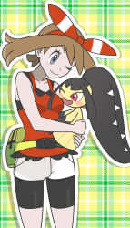  ;) bike_shorts bike_shorts_under_shorts blush_stickers bow_hairband breasts brown_hair closed_mouth collarbone eyelashes fanny_pack female gomuemon grey_eyes hairband highres holding holding_pokemon mawile may_(pokemon) mixed-language_commentary one_eye_closed outline plaid_background pokemon pokemon_(creature) pokemon_oras red_hairband red_shirt shirt shorts sleeveless sleeveless_shirt smile white_shorts yellow_bag 