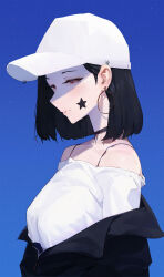  absurdres baseball_cap black_choker black_hair black_jacket blue_background brown_eyes choker closed_mouth earrings facial_mark female hat highres hoop_earrings jacket jewelry light_blush mac_star original shirt solo star_(symbol) star_facial_mark white_hat white_shirt 