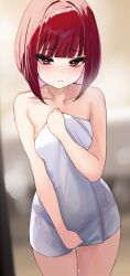  after_bathing arima_kana bare_shoulders blunt_bangs blunt_ends blurry blurry_background bob_cut breasts bright_pupils collarbone commentary covering_crotch covering_privates cowboy_shot depth_of_field embarrassed highres holding holding_towel inverted_bob looking_at_viewer loose_hair_strand medium_breasts naked_towel oshi_no_ko parted_lips raised_eyebrows red_eyes red_hair rifufu short_hair standing symbol-only_commentary towel wet white_pupils white_towel 