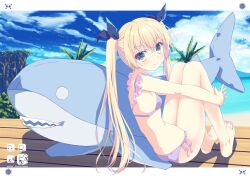  barefoot beach bikini blonde_hair blue_bow bow breasts closed_mouth cloud cloudy_sky commentary_request dorsiflexion frilled_bikini frills full_body green_eyes hairbow hugging_own_legs inflatable_shark inflatable_toy knees_up letterboxed long_hair looking_at_viewer nanao_naru original outdoors own_hands_together purple_bikini side-tie_bikini_bottom sitting sky small_breasts smile swimsuit sylph_(kokonobi) toenails twintails 