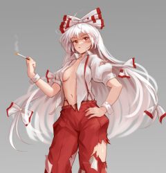  ahoge baggy_pants bow breasts breasts_apart cigarette collared_shirt edz_drawz female fujiwara_no_mokou grey_background hairbow highres holding holding_cigarette long_hair multiple_hair_bows navel no_bra ofuda ofuda_on_clothes open_clothes open_shirt pants puffy_short_sleeves puffy_sleeves red_eyes red_pants red_suspenders shirt short_sleeves simple_background small_breasts solo suspenders torn_clothes torn_pants torn_sleeves touhou very_long_hair white_bow white_hair white_shirt white_wrist_cuffs wrist_cuffs 