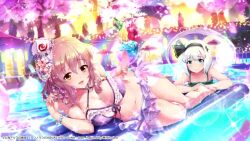  2girls animated artist_request bikini black_hairband cleavage green_eyes grey_hair konpaku_youmu large_breasts looking_at_viewer multiple_girls navel outdoors pink_hair purple_bikini saigyouji_yuyuko short_hair smile tagme touhou video youmu_konpaku yuyuko_saigyouji 