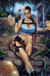  alternate_hair_color black_footwear black_gloves black_hair blonde_hair blue-tinted_eyewear blue_eyes blue_hair blue_tank_top boots braid braided_ponytail breasts brown_shorts cleavage crop_top day elias_chatzoudis female fingerless_gloves gloves gun handgun highres holding holding_gun holding_weapon jungle lara_croft large_breasts long_hair looking_at_viewer midriff multicolored_hair nature outdoors plant red-tinted_eyewear red_hair red_lips ruins short_shorts shorts signature sitting sitting_on_stairs solo stairs tank_top tinted_eyewear tomb_raider two-tone_eyewear very_long_hair vines weapon 