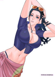  arms_up blue_eyes blue_jacket breasts cleavage collarbone crop_top eyewear_on_head female floral_print hands_on_own_head highleg highleg_panties jacket large_breasts long_hair looking_at_viewer midriff navel nico_robin one_piece orange-tinted_eyewear paid_reward_available panties parted_lips patreon_username pink_sarong popped_collar print_jacket sarong short_sleeves simple_background single_sidelock skindentation solo sunglasses tinted_eyewear underwear upper_body uukkaa white_background 