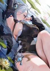  armpits breasts bright_pupils brown_eyes china_dress chinese_clothes detached_sleeves dress female flower genshin_impact grey_eyes grey_hair grey_nails hair_between_eyes hair_flower hair_ornament hair_over_one_eye heterochromia highres huge_breasts large_breasts lily_pad long_bangs long_hair looking_at_viewer lying mikan03_26 on_back outdoors parted_lips partially_submerged pointing pointing_at_self shenhe_(frostflower_dew)_(genshin_impact) shenhe_(genshin_impact) sideboob solo taut_clothes taut_dress thick_thighs thighs tight_clothes tight_dress very_long_hair water wet 