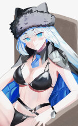  animal_ears bikini black_bikini black_hat black_jacket blue_eyes blush bracelet breasts cat_ears cat_girl cleavage detached_collar dobrynya_nikitich_(fate) dobrynya_nikitich_(swimsuit_lancer)_(fate) fate/grand_order fate_(series) female fur-trimmed_headwear fur_trim hat jacket jacket_on_shoulders jewelry large_breasts long_hair looking_at_viewer navel necktie sitting smile solo swimsuit tom_(pixiv41651055) white_hair 