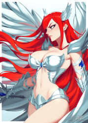  breasts cape cleavage erza_scarlet fairy_tail fairy_tail_logo fake_wings female from_side grey_cape head_wings highres holding holding_sword holding_weapon large_breasts long_hair navel orouu red_hair shiny_skin smile solo stomach sword weapon white_background wings 