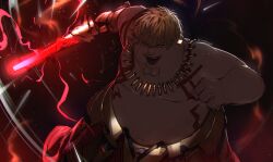  1boy absurdres armor blonde_hair body_markings cleft_chin clenched_hand cosplay ea_(fate/stay_night) family_guy fat fat_man gauntlets gilgamesh_(fate) gilgamesh_(fate)_(cosplay) gold_armor highres holding holding_sword holding_weapon jewelry kowai_(iamkowai) looking_at_viewer male_focus navel necklace open_mouth peter_griffin red_eyes short_hair single_gauntlet solo sword teeth weapon 