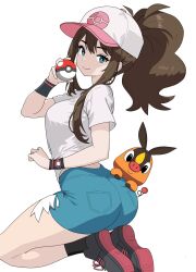  ass baseball_cap blue_eyes brown_hair denim denim_shorts exposed_pocket female francis46625764 hat highres hilda_(pokemon) holding holding_poke_ball looking_at_viewer poke_ball poke_ball_(basic) pokemon pokemon_(creature) pokemon_bw ponytail shirt shorts simple_background tepig white_background white_shirt xtransceiver 