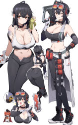  2girls absurdres ahoge arm_tattoo ass asymmetrical_gloves black_footwear black_hair black_pants blush breasts cleavage commentary_request cross-laced_footwear eyepatch fingerless_gloves gloves goggles goggles_on_head grace_howard gun hair_between_eyes hair_down highres holding holding_gun holding_weapon koleda_belobog large_breasts looking_at_viewer midriff mismatched_gloves multiple_girls multiple_views navel one_eye_closed open_fly open_mouth pants pizzasi ponytail red_eyes red_hair simple_background single_fingerless_glove smile sports_bra sweat tattoo thought_bubble two_side_up waist_cape weapon white_background white_sports_bra zenless_zone_zero 