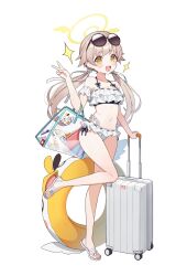  blonde_hair blue_archive blush eyewear_on_head female hifumi_(blue_archive) hifumi_(swimsuit)_(blue_archive) highres hyun_(ajshd01) long_hair navel open_mouth peroro_(blue_archive) rolling_suitcase suitcase teeth thighs upper_teeth_only v yellow_eyes 