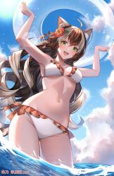  :d absurdres ahoge animal_ear_fluff animal_ears annno_ans armpits arms_up bare_arms bikini blue_sky breasts brown_hair cat_ears cat_tail cloud cowboy_shot day female flower frilled_bikini frills from_below green_eyes groin hair_flower hair_ornament hibiscus highres holding holding_swim_ring innertube long_hair looking_at_viewer medium_breasts mismatched_animal_ear_colors multicolored_hair multicolored_tail multiple_tails navel nekoma_eko nekomata ocean official_art open_mouth outdoors red_flower side-tie_bikini_bottom sky smile solo streaked_hair swim_ring swimsuit tail toki_production transparent_innertube two_tails underboob virtual_youtuber wading water wavy_hair white_bikini white_hair 