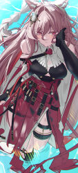  absurdres animal_ear_fluff animal_ears arknights ascot bare_shoulders black_bra black_gloves blush bra braid breasts cleavage closed_mouth cowboy_shot female gloves hair_ornament hand_on_own_face highres kimo_suna long_hair looking_at_viewer pink_eyes pink_hair pozyomka_(arknights) red_skirt skirt solo thigh_strap underwear water white_ascot wolf_ears wolf_girl 