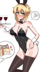  alcohol animal_ears bare_arms bare_shoulders black_bow black_bowtie black_leotard black_thighhighs blonde_hair blush bow bowtie breasts bright_pupils closed_mouth covered_navel cowboy_shot cup detached_collar drinking_glass druvis_iii fake_animal_ears female furrowed_brow green_eyes hand_on_own_thigh hand_up highres holding holding_tray leg_up leotard lilya_(reverse:1999) medium_breasts playboy_bunny rabbit_ears reverse:1999 short_hair shy sideboob skindentation solo speech_bubble spoken_character spoken_squiggle squiggle strapless strapless_leotard thighhighs traditional_bowtie tray white_background white_pupils white_wrist_cuffs wine wine_glass wrist_cuffs yuriseagull 