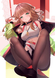  bare_shoulders bison_cangshu black_choker black_footwear black_shorts breasts brown_hair brown_pantyhose choker cleavage convenient_leg crop_top female green_eyes green_jacket gridman_universe hand_up highres indian_style jacket jewelry knees_up large_breasts legs long_hair long_sleeves looking_at_viewer midriff minami_yume necklace off_shoulder open_clothes open_fly open_jacket pantyhose parted_lips puffy_long_sleeves puffy_sleeves ribbed_shirt see-through see-through_sleeves shirt shoes short_shorts shorts sitting sleeveless sleeveless_shirt solo ssss.dynazenon tank_top thighs white_shirt 