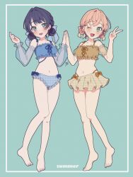  2girls :d ;d absurdres alternate_costume aqua_eyes barefoot bikini blue_bikini blue_bow blue_eyes blue_hair blue_ribbon blush bow bow_bikini braid breasts collarbone commentary_request cross-laced_bikini cross-laced_clothes crossed_bangs dark_blue_hair detached_sleeves double_bun frilled_bikini frills full_body gingham_bikini gingham_ribbon green_background hair_bun hair_ribbon highres hinoshita_kaho kyaku_tasu link!_like!_love_live! long_sleeves looking_at_viewer love_live! matching_outfits medium_breasts midriff mole mole_on_neck multiple_girls murano_sayaka navel one_eye_closed open_mouth orange_bikini orange_bow orange_hair palms_together puffy_long_sleeves puffy_short_sleeves puffy_sleeves ribbon see-through see-through_sleeves short_hair short_sleeves signature single_braid smile swimsuit teeth upper_teeth_only v virtual_youtuber 