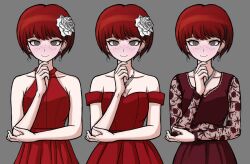  a_beautiful_man_(middinos) blush breasts cowboy_shot danganronpa_(series) danganronpa_2:_goodbye_despair dress earrings female floral_print flower freckles grey_background hair_flower hair_ornament hand_up jewelry koizumi_mahiru medium_breasts multiple_views necklace off_shoulder red_dress red_hair rose_print see-through short_hair short_sleeves simple_background smile thinking white_flower 