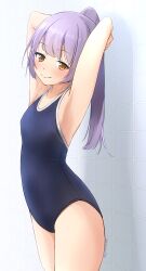  armpits arms_behind_head arms_up bare_arms bare_shoulders blue_one-piece_swimsuit blush breasts brown_eyes closed_mouth commentary_request competition_school_swimsuit cowboy_shot female highres long_hair looking_at_viewer one-piece_swimsuit original ponytail purple_hair school_swimsuit shibacha small_breasts smile solo standing swimsuit tile_wall tiles twitter_username 