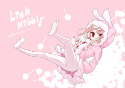  animal_hood ass blonde_hair candy commentary_request female flat_chest food full_body hands_in_pockets highres hood hooded_jacket jacket lollipop long_hair looking_at_viewer original panties panties_under_pantyhose pantyhose pink_jacket rabbit_hood red_eyes ronna solo underwear white_pantyhose 