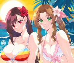  2girls aerith_gainsborough alternate_costume atomicmrshmallw bare_shoulders beach bikini braid braided_ponytail breasts cleavage closed_mouth collarbone drill_hair drill_sidelocks earrings english_commentary final_fantasy final_fantasy_vii final_fantasy_vii_rebirth final_fantasy_vii_remake flower front-tie_bikini_top front-tie_top green_eyes hair_behind_ear hair_ribbon halterneck highres jewelry large_breasts looking_at_viewer medium_breasts multiple_girls ocean orange_sky outdoors palm_leaf parted_lips pink_flower pink_lips pink_ribbon red_eyes red_flower ribbon sand sidelocks single_earring single_sidelock sky smile sun sunset swimsuit tifa_lockhart upper_body 