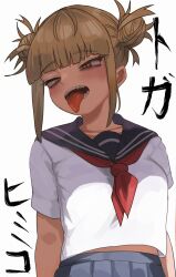  absurdres bags_under_eyes blonde_hair blue_sailor_collar blue_skirt boku_no_hero_academia double_bun female hair_bun highres messy_hair midriff_peek neckerchief open_mouth red_neckerchief sailor_collar school_uniform serafuku skirt slit_pupils solo toga_himiko tongue tongue_out white_background zd_(pixiv6210083) 