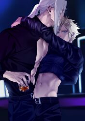  2boys alcohol arms_around_neck belt black_belt black_jacket black_pants black_shirt blonde_hair blue_eyes clothes_lift cloud_strife commentary cropped_jacket cup ear_piercing earrings final_fantasy final_fantasy_vii groin hair_intakes hashtag-only_commentary highres holding holding_cup jacket jewelry long_hair long_sleeves looking_at_viewer male_focus midriff multiple_belts multiple_boys navel open_clothes open_shirt pants pectorals piercing ponytail sephiroth shirt shirt_lift smile sushisalmon95 veins veiny_hands white_hair yaoi 